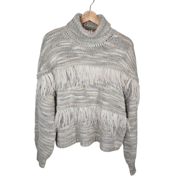 Cinq À Sept Womens Sweater M Gray Turtleneck Wool blend Ostrich Fringe Open Knit - Picture 1 of 14